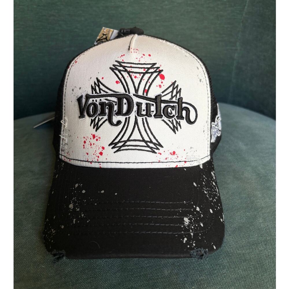 Unique Distressed Von Dutch Trucker Hat - Paint Splatter & Eyeball Logo